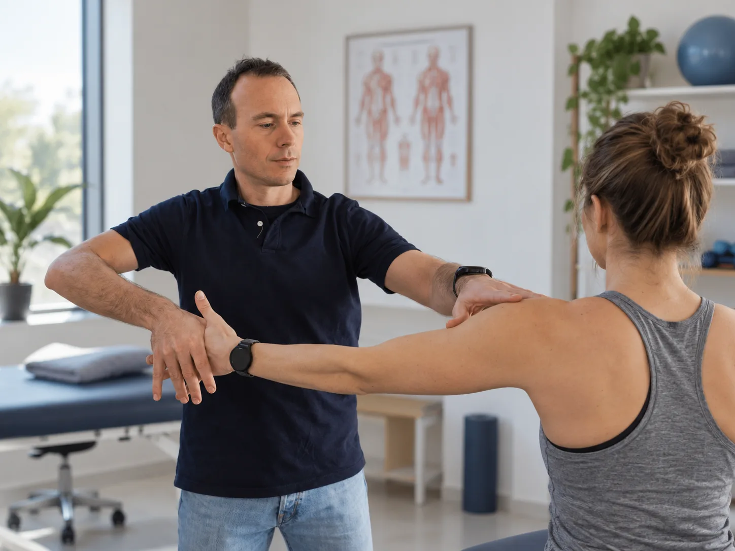 Kinesitherapeut begeleidt een patiënte die haar arm zijwaarts heft, in een lichte praktijkruimte